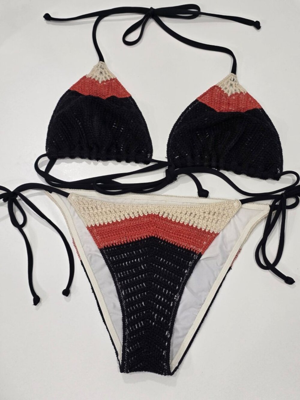 Victoria’s Secret ✦ Bikini Set ✦ Black Orange Beige Crochet Triangle Swimwear S - Picture 2 of 12